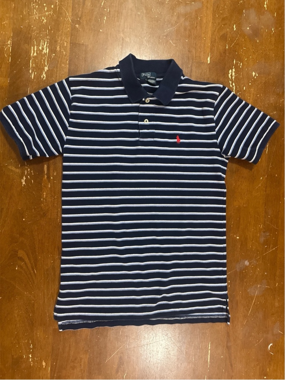 Polo Ralph Lauren Boys Navy & White Striped Polo Shirt with Red Pony Accent